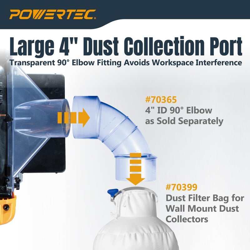 POWERTEC 70474 4 بوصة ID/OD 90 درجة كوع وكيس جامع الغبار، فلتر 30 ميكرون مع مشبك خرطوم 4 بوصة وكوع، يناسب DEWALT DW735، DW734، WEN PL1326، PL1303 وأي آلة نجارة أخرى - Image 4